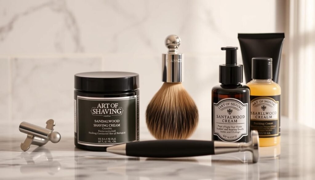 Complete shaving set with The Art of Shaving Sandalwood Shaving Cream, brush, and razor