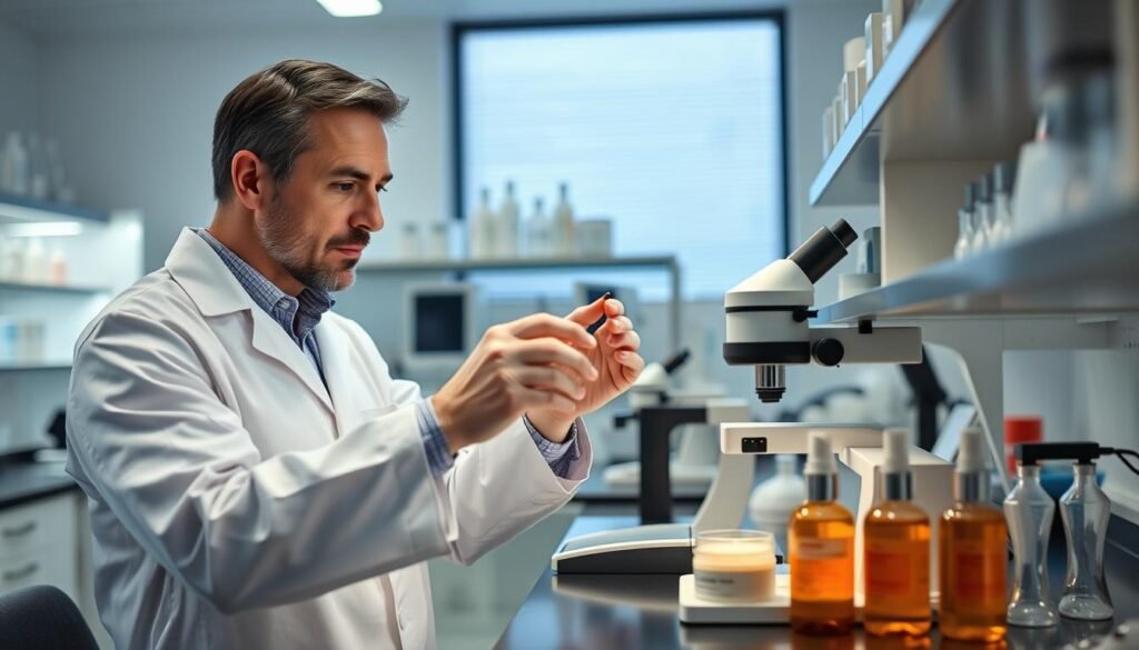 Male dermatologist examining anti-aging cream formulations in laboratory setting
