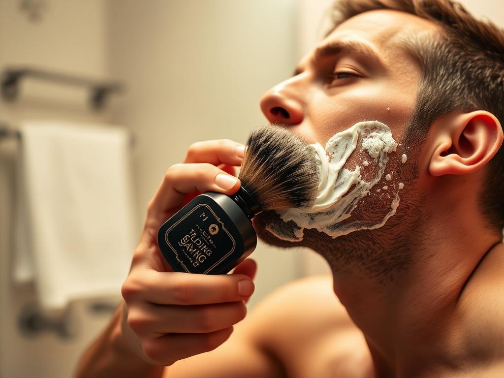 Man applying The Art of Shaving Sandalwood Shaving Cream with a brush