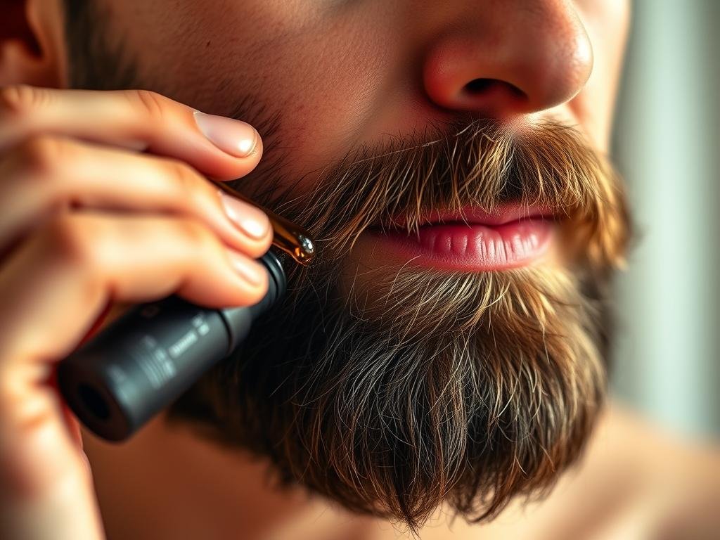 Man applying beard oil to his well-groomed beard