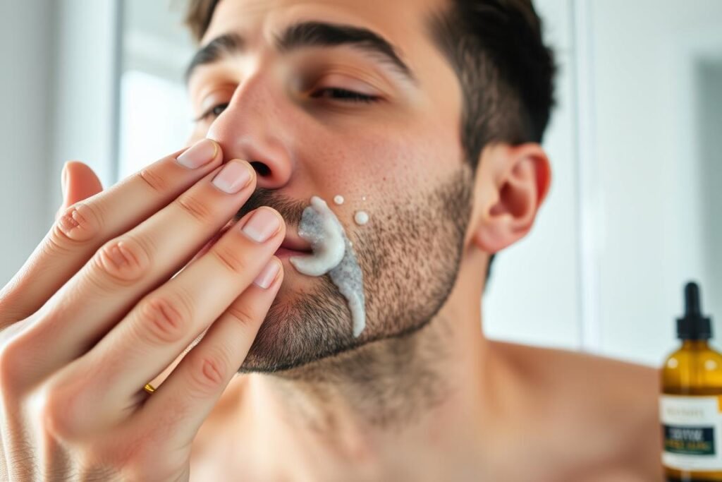Man applying pre-shave oil to sensitive skin