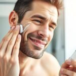Man applying sensitive skin care product to face