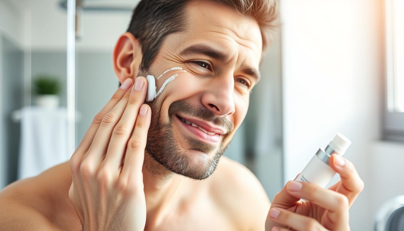 Man applying sensitive skin care product to face