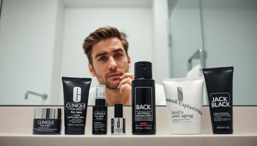 Man choosing between Clinique and Jack Black anti-aging products in front of bathroom mirror