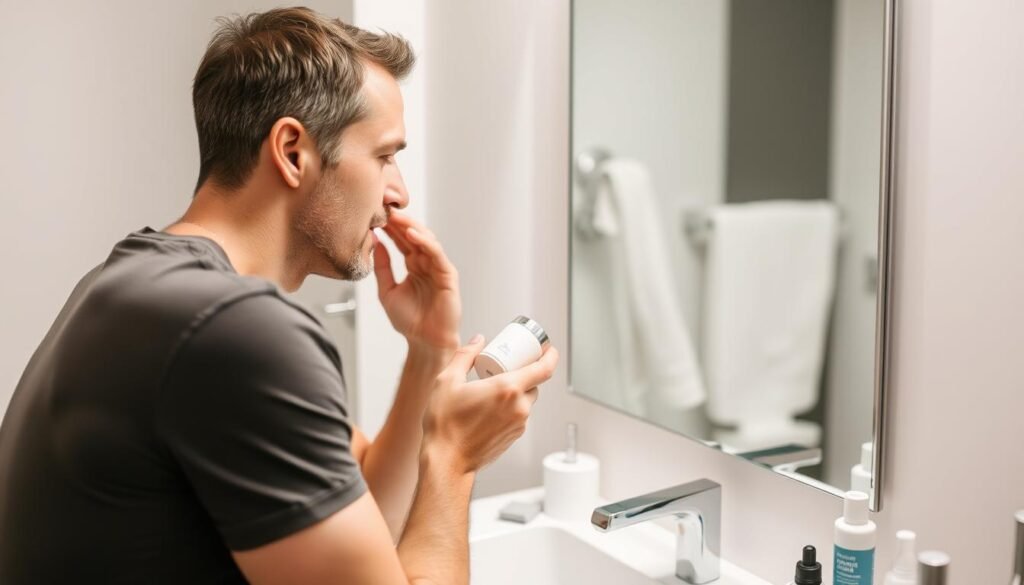 Man following sensitive skin care routine at sink
