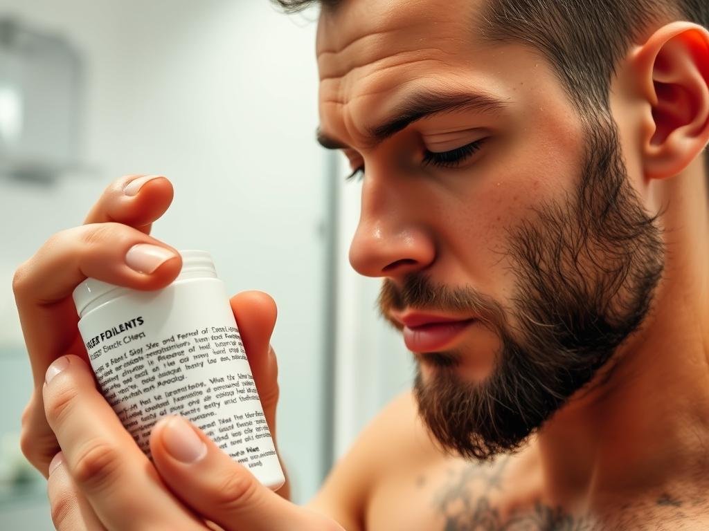 Man reading skincare product ingredient label