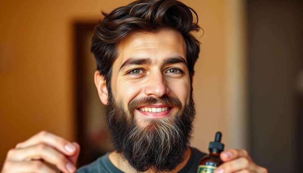 Man with healthy, well-maintained beard looking satisfied with his beard care routine