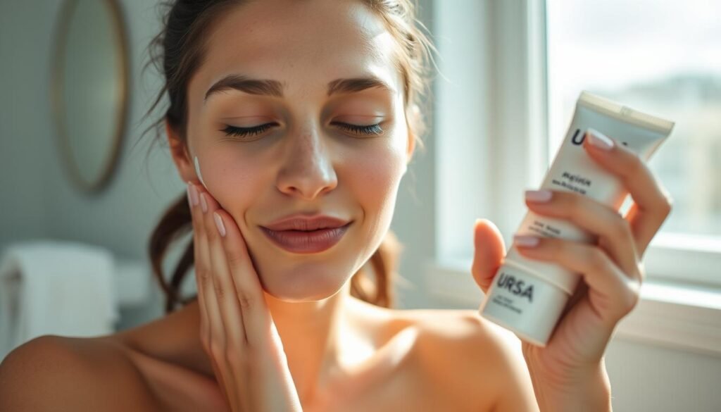 Person applying Ursa Major Fresh & Clean Skin Care products