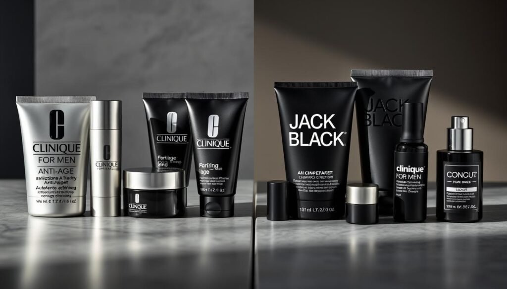 Side-by-side comparison of Clinique and Jack Black anti-aging products for men