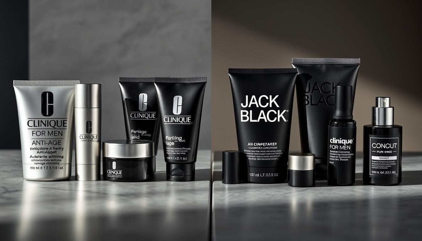 Side-by-side comparison of Clinique and Jack Black anti-aging products for men