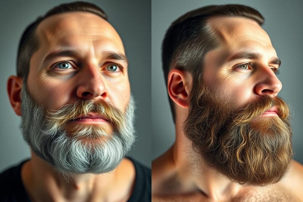 Side-by-side comparison of dry, brittle beard versus well-oiled, healthy beard