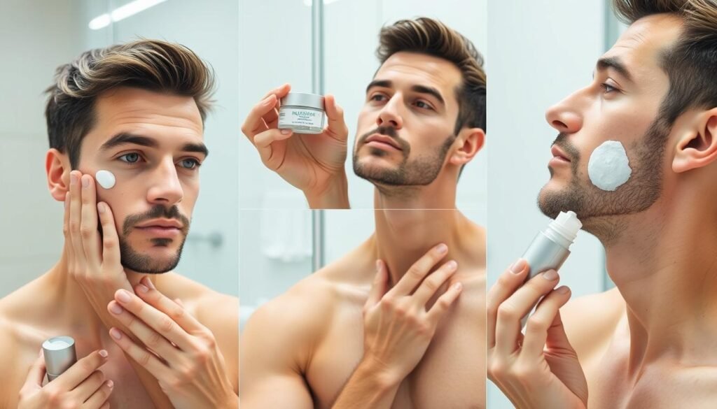 Step-by-step demonstration of proper anti-aging cream application technique for men