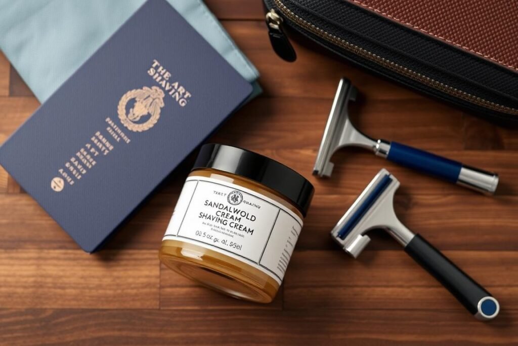 The Art of Shaving Sandalwood Shaving Cream 5 oz jar next to travel essentials