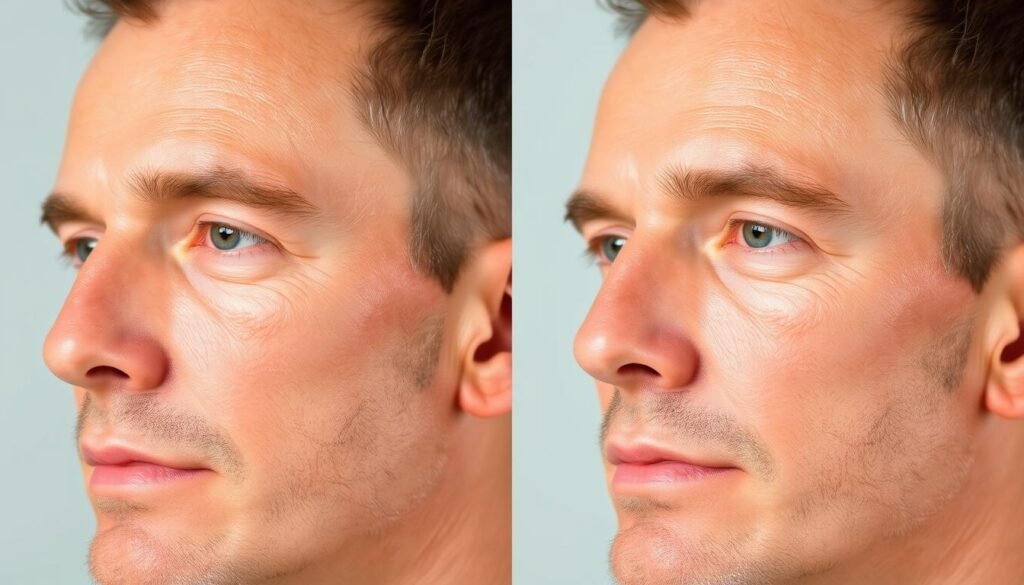Before and after comparison of a man's skin showing improvement from retinol use over time Before and after comparison of a man's skin showing improvement from retinol use over time