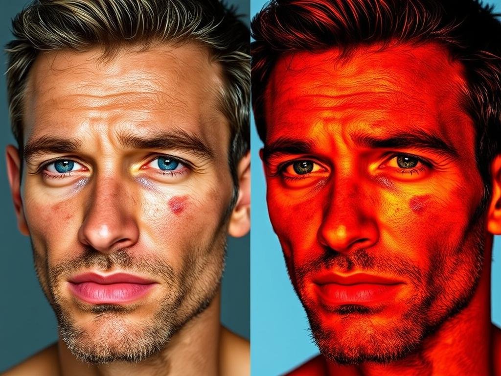 Comparison of UV damage on man's face under normal light vs. UV light showing invisible damage despite no visible sunburn