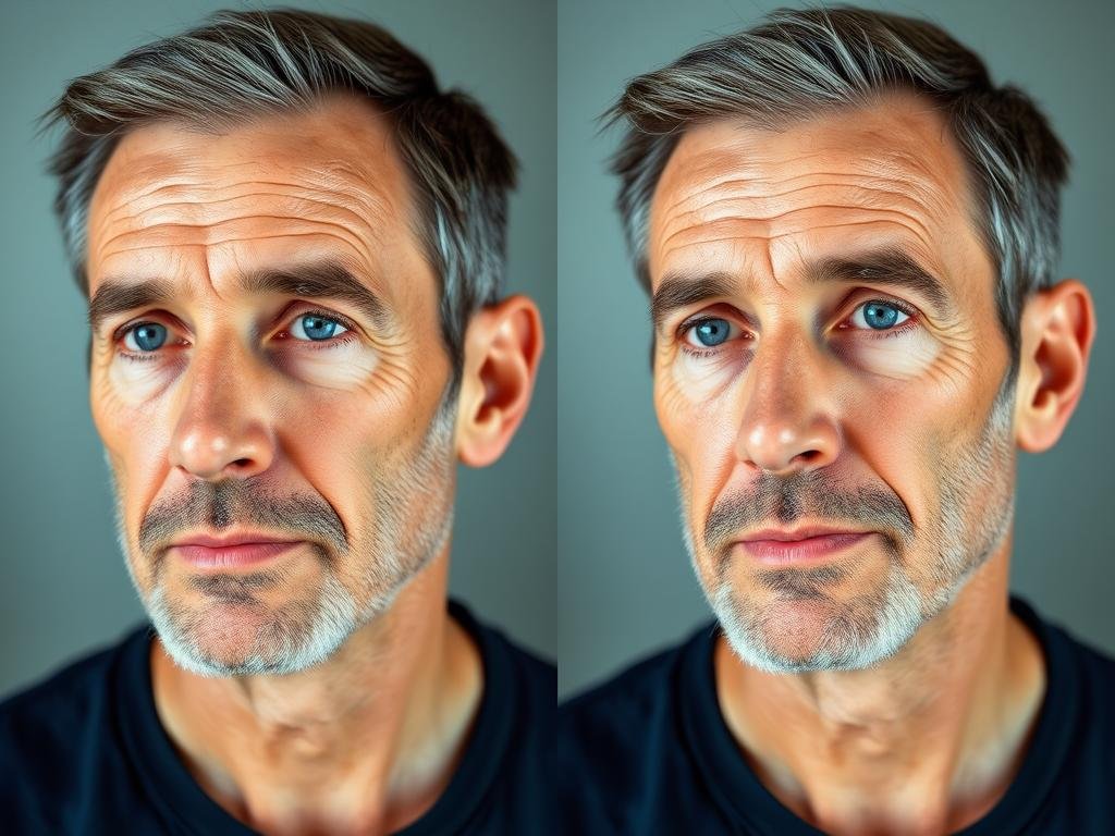 Comparison of younger-looking man with oily skin versus older man with dry skin