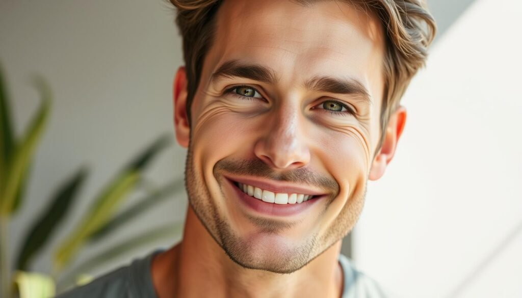 Confident man with healthy skin after using face serum