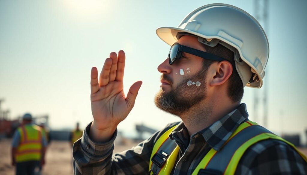 Construction worker applying sunscreen while working outdoors showing men sunscreen daily use in occupational settings