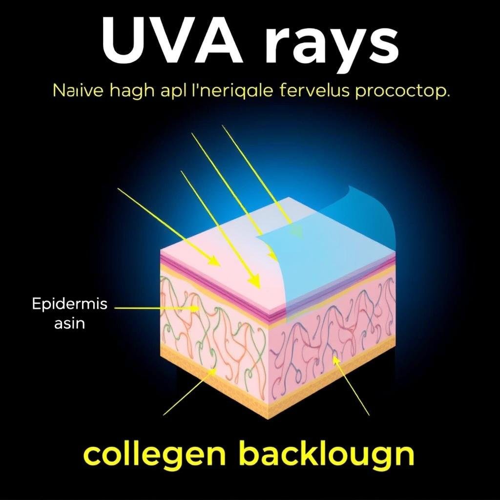Diagram showing UVA rays penetrating deep into skin layers causing collagen breakdown (visual: deeper penetration into dermis)