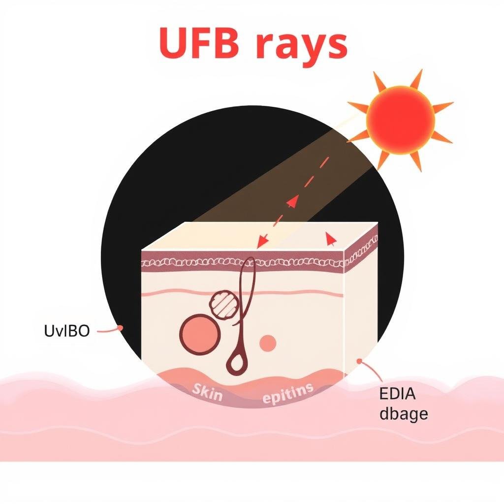 Diagram showing UVB rays causing sunburn and DNA damage in outer skin layer (visual: superficial damage and sunburn)