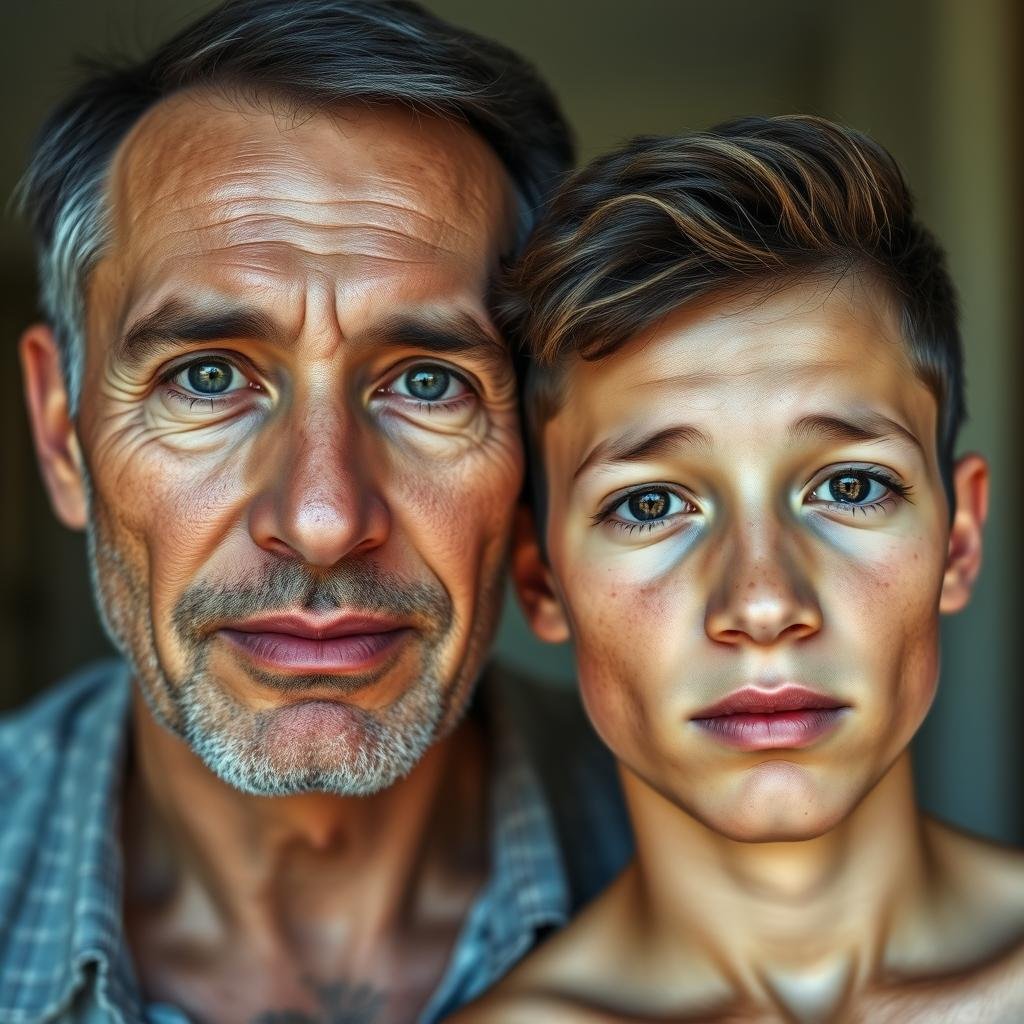 Father and son with similar facial features showing genetic skin traits