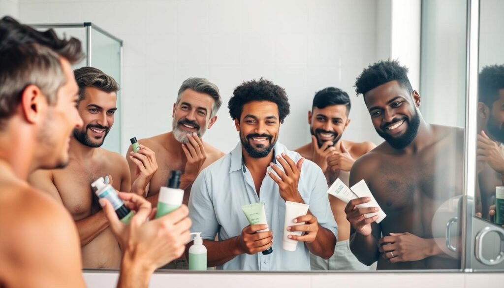 Group of diverse men using skincare products