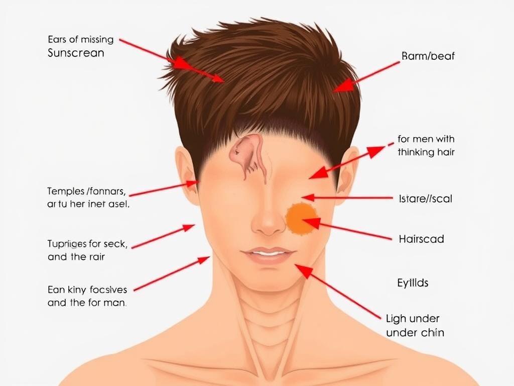 Highlighted diagram of commonly missed areas when applying sunscreen including ears, neck, and scalp