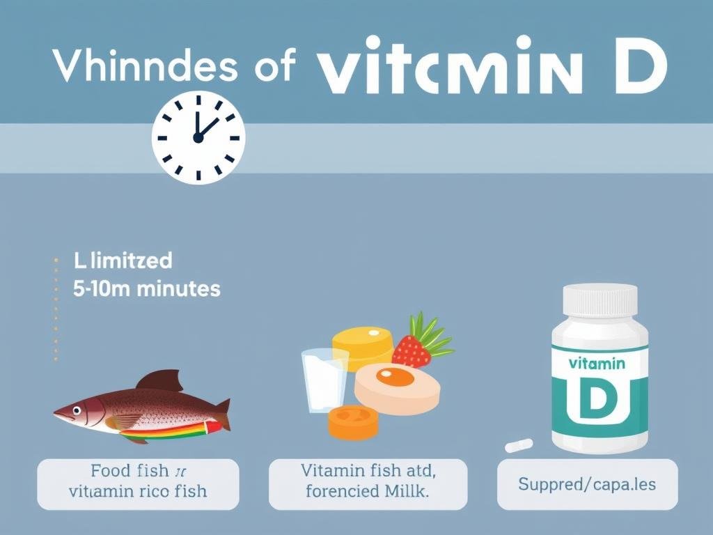 Infographic showing vitamin D sources including sun exposure, supplements and food sources