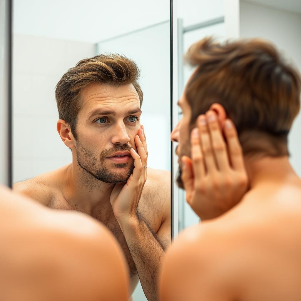 Man analyzing his skin concerns in mirror