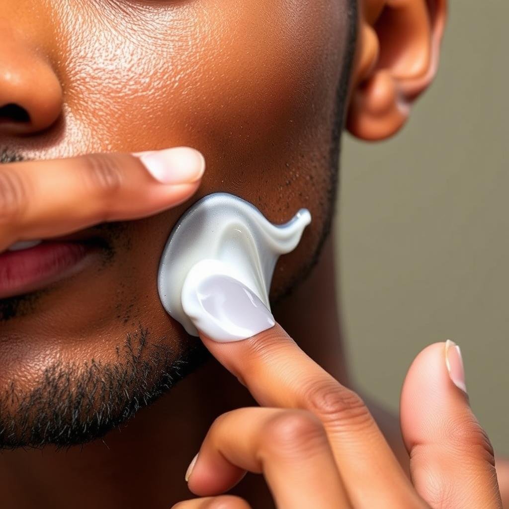 Man applying clear chemical sunscreen that leaves no visible residue on skin