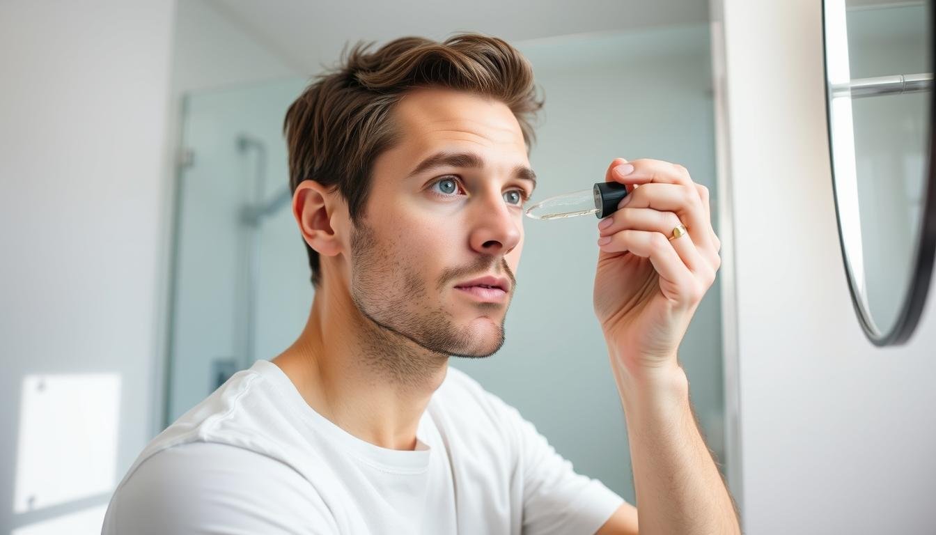 Man applying face serum to his skin