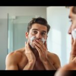Man applying face wash in bathroom mirror, demonstrating the first step of a 3-step skincare routine for men