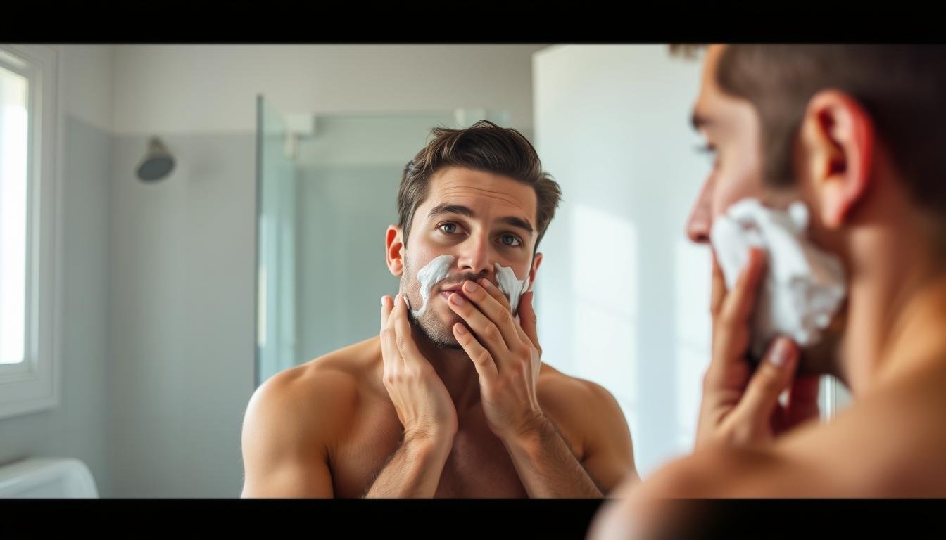 Man applying face wash in bathroom mirror, demonstrating the first step of a 3-step skincare routine for men