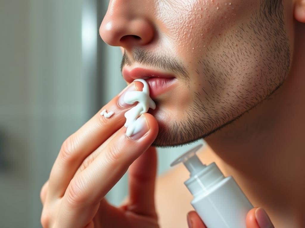 Man applying facial moisturizer after washing