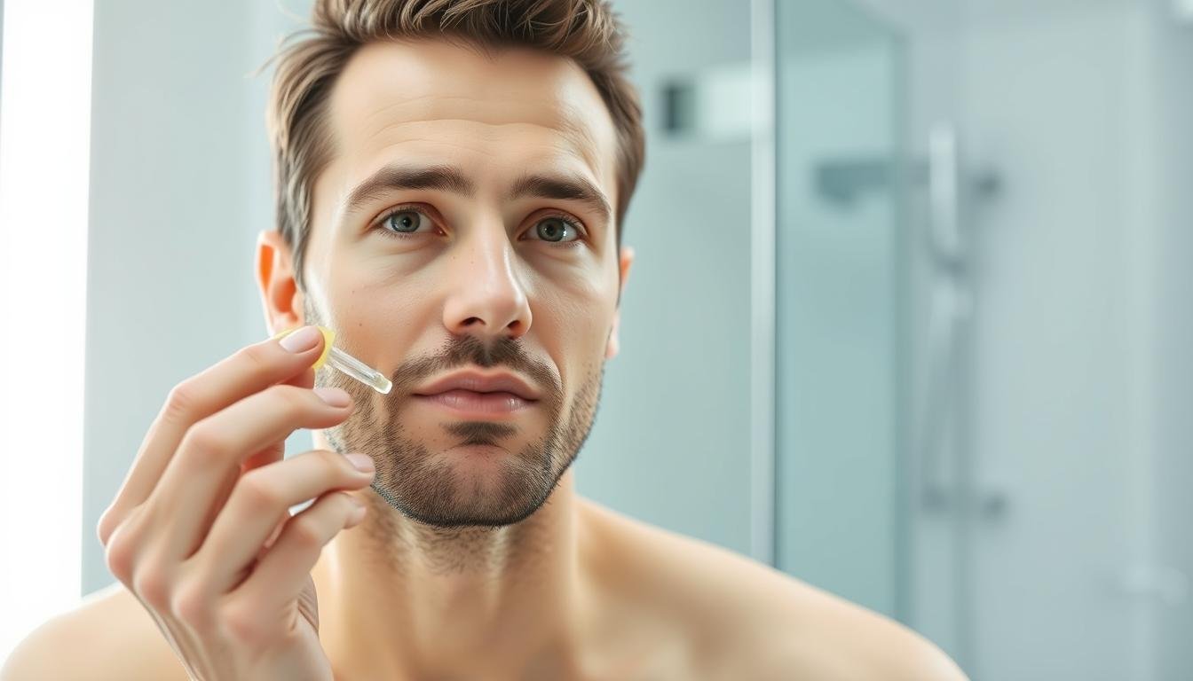 Man applying hyaluronic acid serum to face