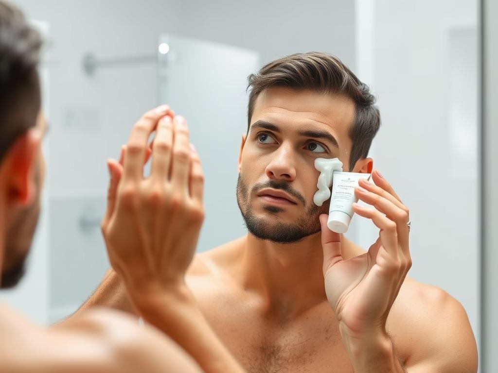 Man applying lightweight gel moisturizer to face