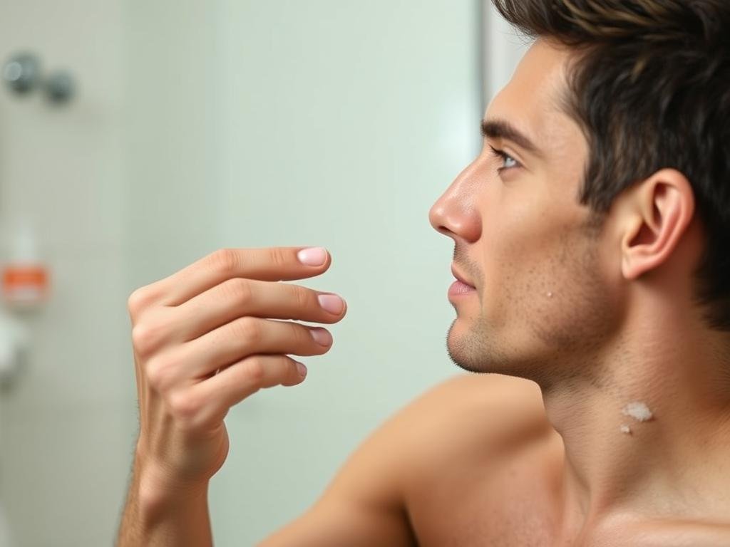 Man applying moisturizer to face, demonstrating the second step of a 3-step skincare routine for men