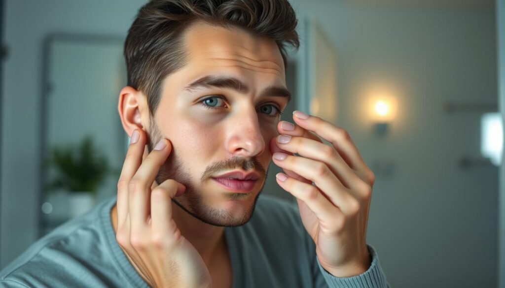 Man applying retinol serum to face in bathroom mirror Man applying retinol serum to face in bathroom mirror