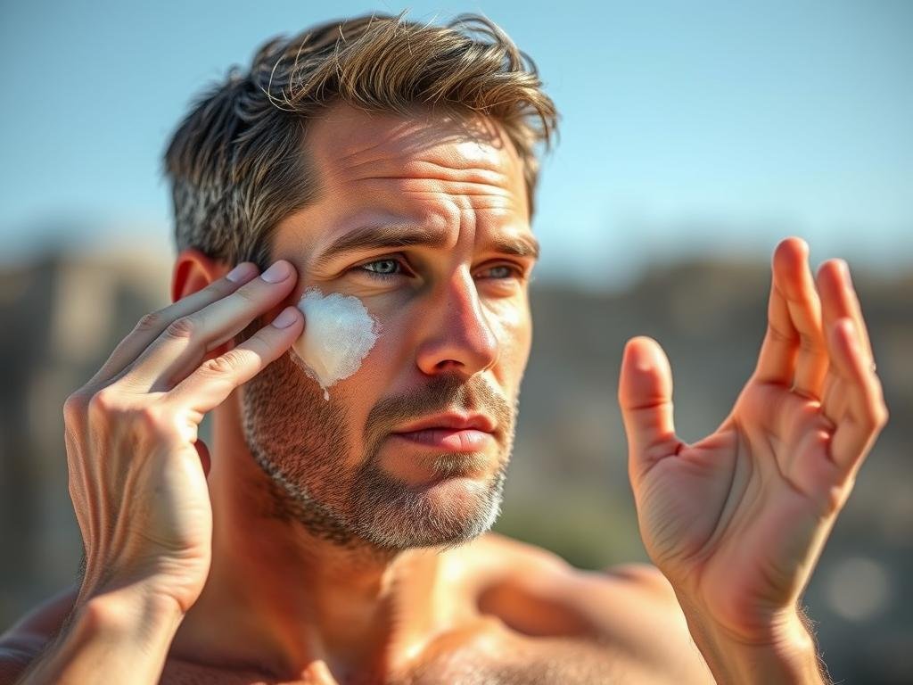 Man applying sunscreen to face, demonstrating the protection step of a 3-step skincare routine for men