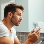 Man applying sunscreen to face in morning routine with men sunscreen daily product visible on bathroom counter