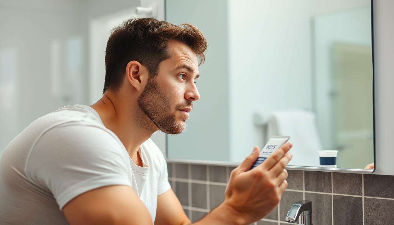 Man applying sunscreen to face in morning routine with men sunscreen daily product visible on bathroom counter