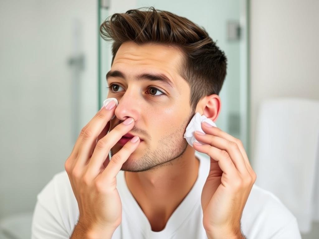 Man applying toner to face with cotton pad
