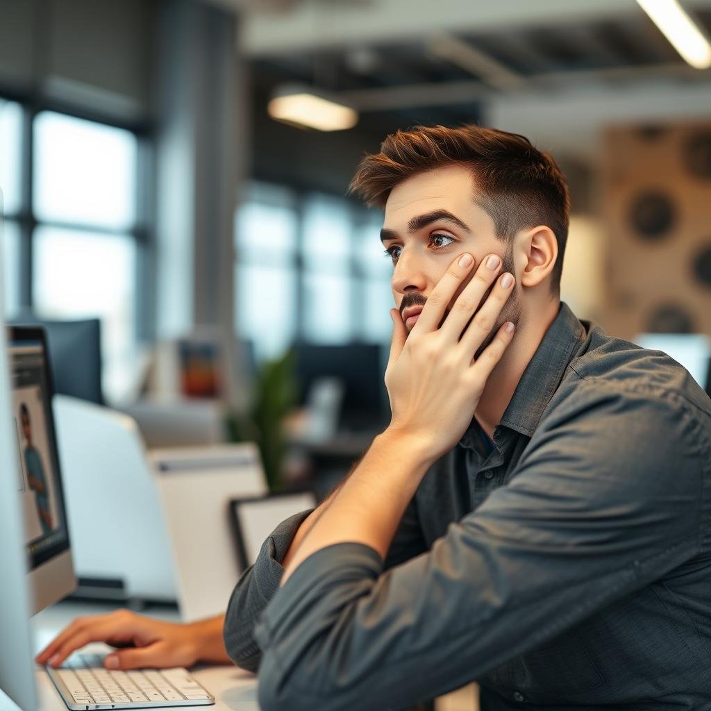 Man avoiding touching face while working at desk
