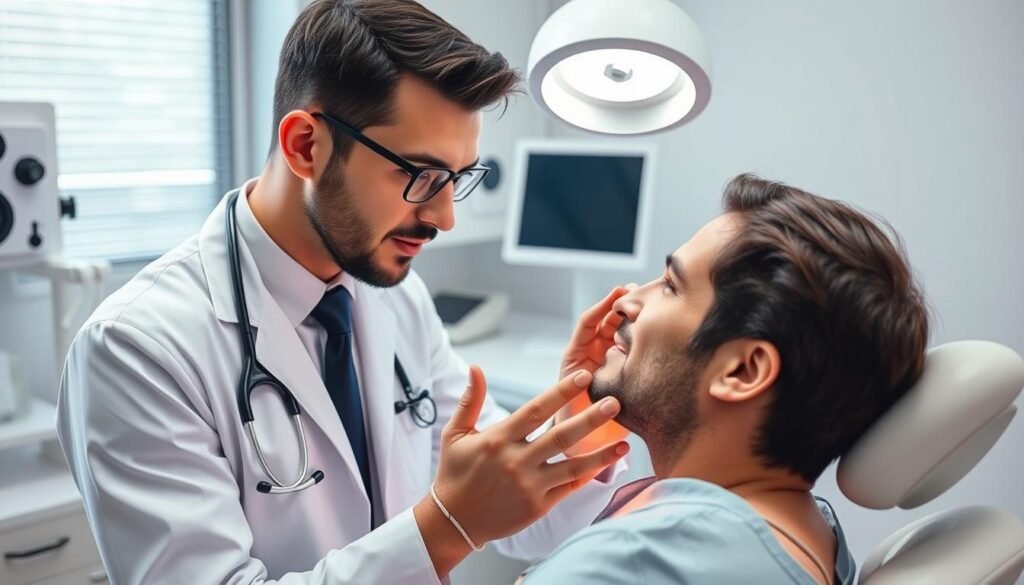 Man consulting with dermatologist about oily skin concerns