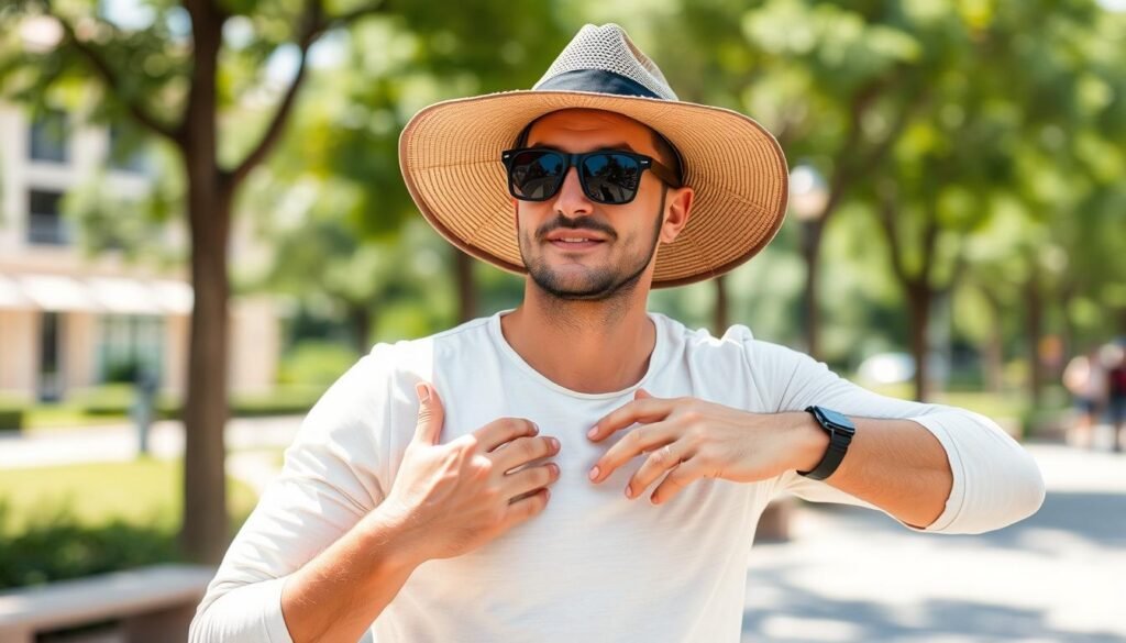 Man demonstrating multiple sun protection methods including hat, sunglasses, UPF clothing and men sunscreen daily use