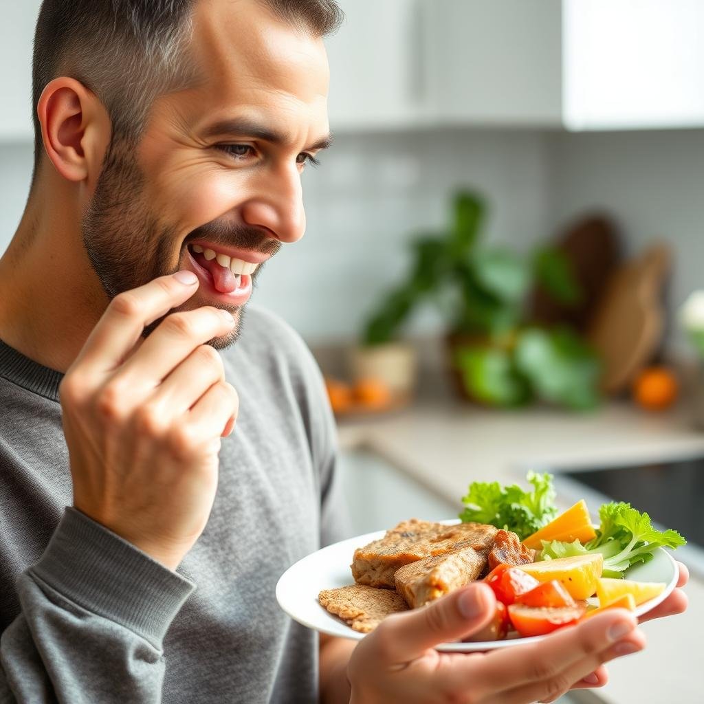 Man eating healthy meal with fresh vegetables and lean protein