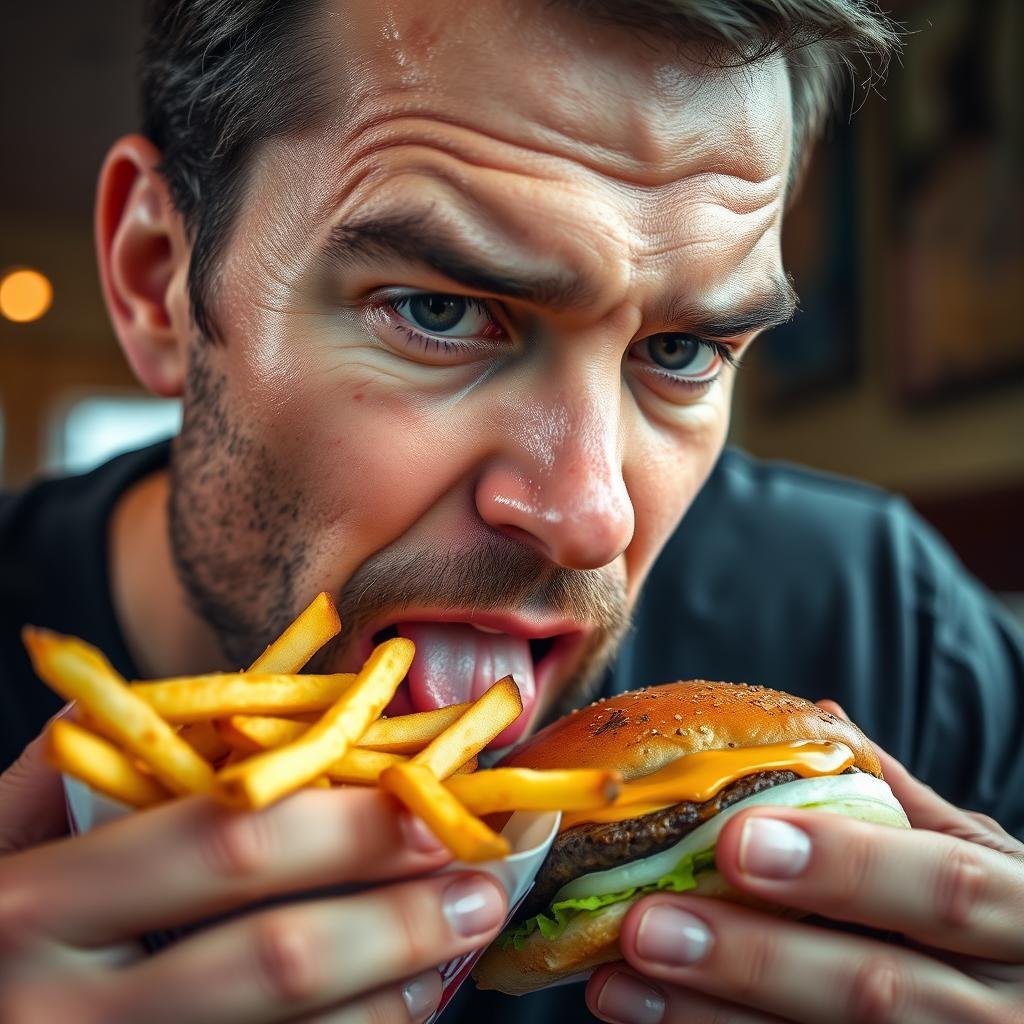 Man eating unhealthy food with visible effects on skin