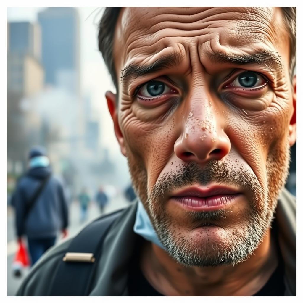 Man in urban environment with pollution affecting skin