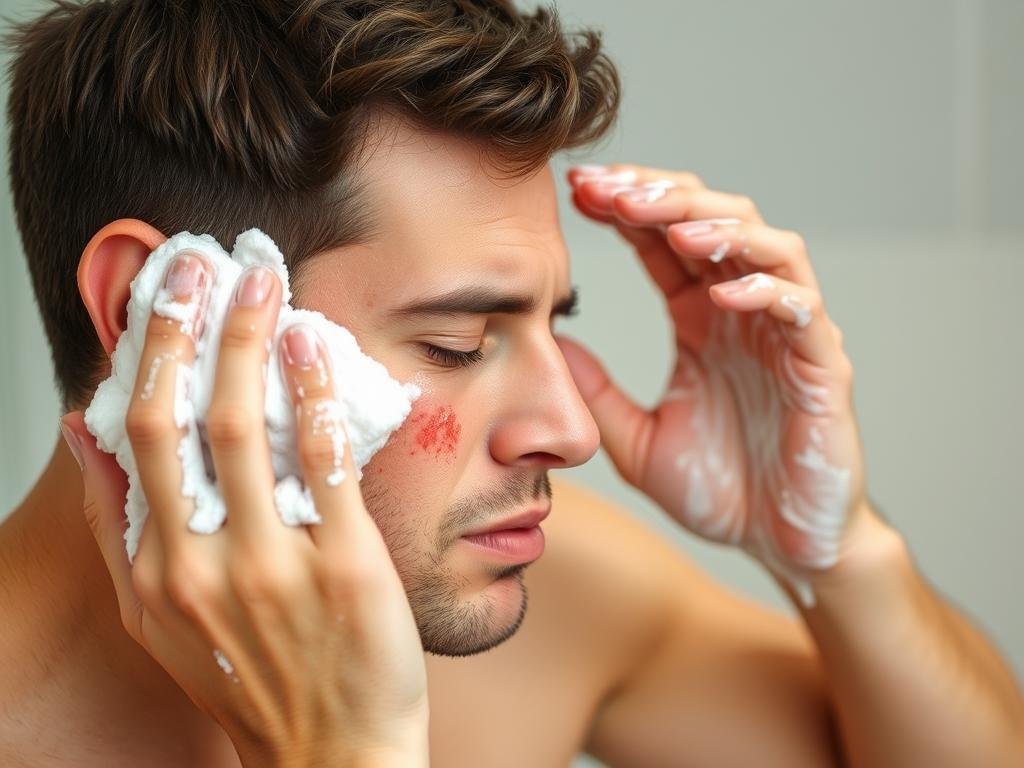 Man over-washing face with harsh soap showing irritation