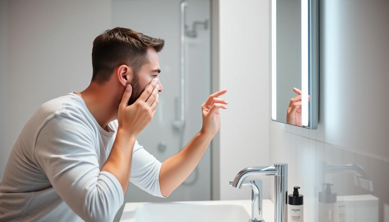 Man washing face properly with facial cleanser